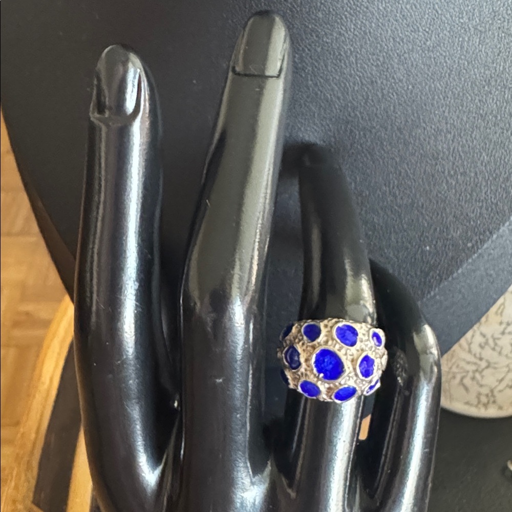 Vintage Sterling Silver Brutalist Style Dome Ring w Blue Enamel Stone Design
